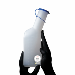 Urinflasche für Männer, 1000 ml, eckig, Farbe milchig mit blauem Verschluss: desinfizierbare und hitzbeständiger Urinsammelbehälter für Männer Angebot bei HelloDeals