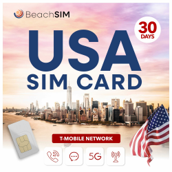 BeachSIM Prepaid USA SIM-Karte 30 Tage. Unbegrenzte 5G-Daten, Anrufe und SMS. T-Mobile-Netz. Hotspot-fähig. iOS & Android kompatibel. Angebot bei HelloDeals
