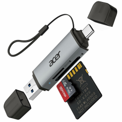 acer SD Kartenleser, Dual USB 3.0 USB C Stecker Kartenlesegerät, Aluminium OTG Adapter SD Card Reader Speicherkartenleser für SD/Micro SD/TF/SDHC/SDXC, iPhone 15-16/Android/Windows/macOS usw. Angebot bei HelloDeals