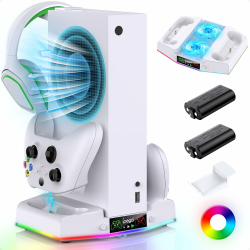 Ladestation für Xbox Series S Konsole, Upgrade Vertikaler Controller Ladestation Zubehör mit 15 RGB Licht, Kühler Lüftersystem, 2X 1400mAh wiederaufladbare Batterie, Headset Halter Angebot bei HelloDeals
