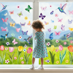 BBLIKE Fensterbilder Frühling 8 Blätter Fenstersticker Frühling Ostern Selbstklebend Schmetterling Kolibri Tulpe Pilz Fensteraufkleber Wiederverwendbare für Fensterdeko Kinderzimmer Party Zubehör Angebot bei HelloDeals
