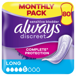 Always Discreet Inkontinenzeinlagen Long, 80 Binden (8 x 10 Stück) Monatspaket, diskreter Schutz & hohe Saugstärke, geruchsneutralisierend Angebot bei HelloDeals