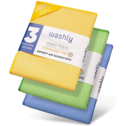 washly Mikrofaser Trockentuch mit Oeko-TEX Siegel (3 Stück 40x60 cm 1x blau 1x gelb 1x grün) streifenfrei & fusselfrei Fenster putzen mit dem Premium Waffeltuch speziell für Küche, Bad und Haushalt Angebot bei HelloDeals