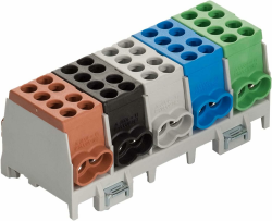 Pollmann Hauptleitungs Abzweigklemme 5 polig für Hutschiene - Strom Verteiler mit VDE, Braun / Grün / Schwarz / Blau / Grau, Kunststoff Angebot bei HelloDeals