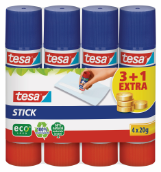 tesa Stick ecoLogo - Geruchsneutraler Klebestift für Papier und Pappe - Lösungsmittelfrei und Umweltschonend - 4 x 20 g Angebot bei HelloDeals