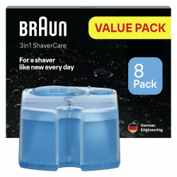 Braun 3-in-1 ShaverCare Reinigungskartuschen für Reinigungsstationen, reinigt 10x besser als Wasser, ORIGINAL Kartusche, hygienische Reinigung, Entfernen von Haar- und Hautpartikeln, 8er Pack Angebot bei HelloDeals