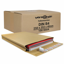 versando 100x B4 Faltentaschen 4cm Falte ohne Fenster (250x353x40 mm) Versandtaschen Bodenfalte haftklebend braun Angebot bei HelloDeals
