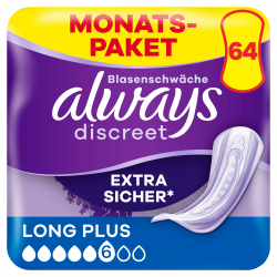 Always Discreet Inkontinenzeinlagen Long Plus, 64 Binden (8 x 8 Stück) Monatspaket, diskreter Schutz & hohe Saugstärke, geruchsneutralisierend Angebot bei HelloDeals