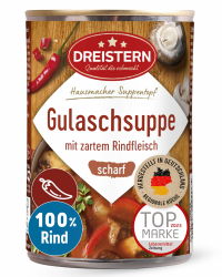 DREISTERN scharfe Gulaschsuppe 400g I Mit zartem Rindfleisch & Gemüse I Pikanter Eintopf in recyclebarer Konservendose I Lange Haltbarkeit dank natürlicher Konservierung I Hausmacher Qualität Angebot bei HelloDeals