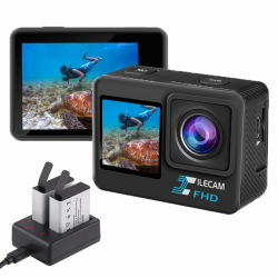 Xilecam Dual Screen Action Cam 1080P /WiFi wasserdichte Kamera, 4 x Zoom, 131 Fuß (40 m), wasserdichte Unterwasserkamera mit 2 x 1050 mAh Akku und Multifunktionalem Zubehör(L300) Angebot bei HelloDeals