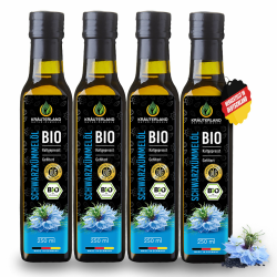Kräuterland Bio Schwarzkümmelöl 4x250ml (1Liter), gefiltert, naturrein ohne Zusatzstoffe, hoher Thymoquinone, kaltgepresst, mild, glasflasche, mühlenfrisch direkt aus unsrer hessischen Ölmühle Angebot bei HelloDeals