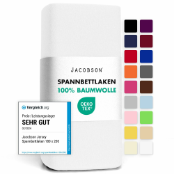 Jacobson Jersey Spannbettlaken Spannbetttuch Baumwolle Bettlaken (120x200-130x200 cm, Weiss) Angebot bei HelloDeals