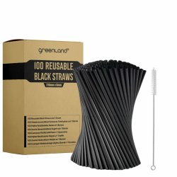 Greenland 100 Wiederverwendbare Schwarze Trinkhalme mit Bürste – 21 cm lang, 6 mm breit – Perfekt für Cocktails, Milch, Saft, Tee (Trinkhalme) Angebot bei HelloDeals