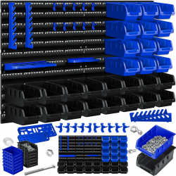 MASKO® Stapelboxen + Wandregal + Werkzeughalter 45-teiliges Set Box erweiterbar Sichtlagerkästen Schüttenregal Steckregal, Hängeregal Sortimentskasten Kleinteilemagazin Werkstatt-Regal Schwarz/Blau Angebot bei HelloDeals