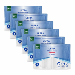 by Amazon ULTRA Küchenrolle, Extra Saugfähig, 24 Rollen (4 Rollen, 6-er Pack), 45 Blätter pro Rolle, Auswringen und Wiederverwenden, FSC-zertifiziert Angebot bei HelloDeals