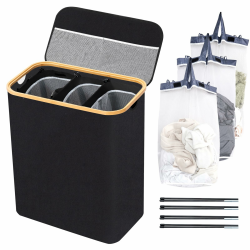 BRIAN & DANY Wäschekorb 3 Fächer mit Deckel Wäschesammler Wäsche Sortiersystem Herausnehmbaren Wasserabweisender Faltbarer Wäschebox Schmal Laundry Basket 145L für die Familie Schwarz Angebot bei HelloDeals