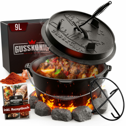 GUSSKÖNIG Dutch Oven Set [9L ] - Eingebrannter Feuertopf mit praktischem Deckelheber und Edelstahl Untersetzer Angebot bei HelloDeals