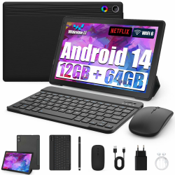 Tablet 10 Zoll 8-in-1 Kit Android 14 Tablet PC mit Hülle Tastatur Maus Stift Kopfhörer Netzstecker Kabel Octa-Core 12 GB RAM 64 GB ROM 1TB TF Erweiterbar 1280x800 IPS Touchscreen 5000 mAh (Schwarz) Angebot bei HelloDeals