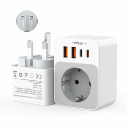 🔌🌍 TESSAN Adapter England Deutschland Stecker, Faltbar 5 in 1 Reiseadapter Typ G mit 2 USB C und 2 USB A Angebot bei HelloDeals