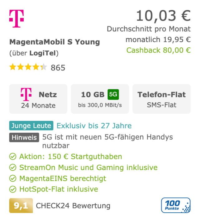 MagentaMobil S Young mit RNM für 10,03€ im Monat
