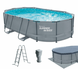 🌞 Sommer Waves Frame Pool Komplettset | Oval 488x305x107 cm Grau 🏊‍♂️ Angebot bei HelloDeals