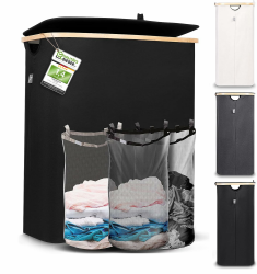 🌿🧺 Hennez Wäschebox 150L - Wäschekorb 3 Fächer - mit Deckel - Wäschesortierer mit Wäschesack - schwarz Bambus 🧼👚 Angebot bei HelloDeals