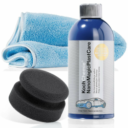 🚗🛡️ Koch Chemie Kunststoffpflege Set außen: NanoMagic Plastcare Kunststoffpflege 500ml + Handpolierschwamm Soft, feinzellig Ø 90/50mm + detailmate Mikrofasertuch 40x40cm, 550GSM Angebot bei HelloDeals