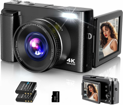 Digitalkamera,4K 48MP Fotokamera Autofokus mit 32G Karte, Vlogging Kamera mit 3 Zoll 180° Flip-Bildschirm und UV Linse,Kompaktkamera für Teenager Anfänger Erwachsene Angebot bei HelloDeals