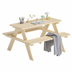 Bellabino Inny Kindersitzgarnitur für Draußen, Sitzgruppe Outdoor 2 Bänke mit Tisch, Sitzgarnitur für Kinder Natur aus Massivholz unbehandelt, Picknicktisch Kinder, Spielsitzgruppe draußen Angebot bei HelloDeals
