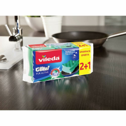 Vileda Glitzi PurActive Reinigungsschwamm, entfernt selbst hartnäckigsten Schmutz ohne zu Verkratzen, geeignet für empfindliche Oberflächen, leicht ausspülbar, Farbe grün, 2+1 Sparpack Angebot bei HelloDeals