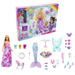 Barbie Dreamtopia Adventskalender Barbie-Puppe und 24 Geschenke einschließlich märchenhafte Moden, magische Haustiere und Zubehör, Urlaub Geschenk, HGM66 Angebot bei HelloDeals