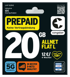 congstar Prepaid ALLNET L SIM-Karte ohne Vertrag I 20 GB Vielsurfer Prepaid-Paket in D-Netz-Qualität I 5G mit 25 Mbit/s + 12€ Startguthaben I Telefonie & SMS Flat in alle dt. Netze I EU-Roaming inkl. Angebot bei HelloDeals