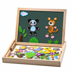 Magnetisches Holzpuzzle 100 Stück, Doppelseitige Magnettafel, Zeichenbrett Farbstifte Kreiden, Wald and Tier Puzzles Spielzeug für ab 3 Jahre Angebot bei HelloDeals