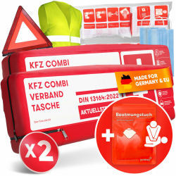 PURAHELP 2x KFZ Kombitasche nach aktueller Norm 2025 DIN 13164 (StVO konform) - Inkl. Warndreieck, Warnweste - Verbandskasten Warndreieck Set Auto Verbandskasten 2025 Angebot bei HelloDeals