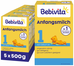 Bebivita 1 Anfangsmilch (5 x 500g), von Geburt an, angenehm sämig & gut sättigend, gut zum Zufüttern Angebot bei HelloDeals