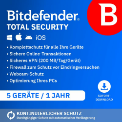Bitdefender Total Security 2025 | 5 Geräte | 1 Jahr | PC/Mac/iOS/Android | Code zur Aktivierung per E-Mail | Automatische Verlängerung Angebot bei HelloDeals