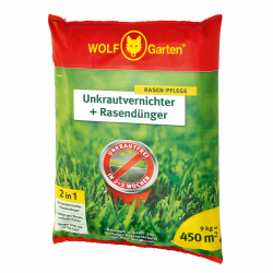 WOLF-Garten 2-in-1: Unkrautvernichter + Rasendünger SQ 450 (Rasendünger und Unkrautvernichter, wirkt über Blätter und Wurzeln, Wirkung bis zu 100 Tagen, ausreichend bis 450 m2) 3840746 Angebot bei HelloDeals