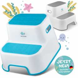 wee whale Tritthocker Kinder 2 Stufen [rutschfeste OBERFLÄCHE] - Hocker Kinder mit pädagogischem Mehrwert - Kinderhocker Badezimmer, Kindertritt für Waschbecken, Badhocker Kinder (Grau) Angebot bei HelloDeals