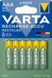VARTA Batterien AAA, wiederaufladbar, 6 Stück, Recharge Accu Recycled, Akku, 800 mAh Ni-Mh, aus 21% recyceltem Material, vorgeladen, sofort einsatzbereit Angebot bei HelloDeals