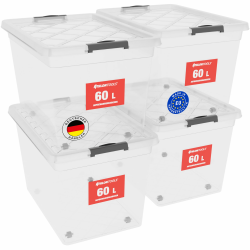 ATHLON TOOLS 4x 60 L Aufbewahrungsboxen mit Deckel, lebensmittelecht - Verschlussclips - 100% Neumaterial Plastik-Box transparent - Kleiderboxen stapelbar Angebot bei HelloDeals