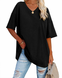 Ebifin Damen Oversize T-Shirt mit V-Ausschnitt 😍 Kurzärmeliges Casual Lockere Basic Sommer Tee Shirts Bluse. XXL Schwarz Angebot bei HelloDeals