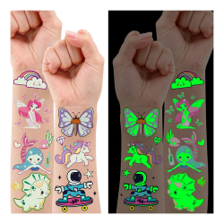 Leuchtende Kindertattoos für Kindergeburtstag | 140 Stück Sticker 🦄🦖🧜‍♀️🚀 Angebot bei HelloDeals