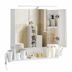 VASAGLE Badezimmerschrank mit LED-Beleuchtung, 14,5 x 70 x 70 cm, Stecker, Hängekorb, Haartrockner-Halter, Spiegelschrank, Badschrank, Wandschrank, für Badezimmer, wolkenweiß BBK124W14 ⭐️ Angebot bei HelloDeals