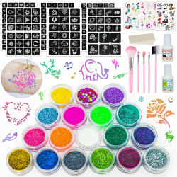 Glitzer Tattoo Set mit 18 Farben Temporäre Glitzertattoo und Zubehör 🌟 Angebot bei HelloDeals