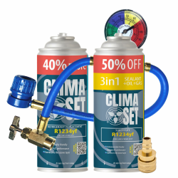 ClimaSet 3in1 R1234yf Kältemittel Ersatzgas - Kühlmittel Klima Auto mit Klima Dichtmittel und Öl - Gasflasche 2x235 g Auto Klimaanlage Nachfüllset Angebot bei HelloDeals