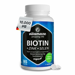 Biotin hochdosiert 10.000 mcg + Selen + Zink für Haarwuchs, Haut & Nägel - 365 vegane Tabletten Angebot bei HelloDeals
