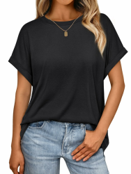 Cuptacc Tshirt Damen Rundhalsausschnitt Kurzarm Oversize T Shirt Sommer Casual Flügelärmel Top Damen Locker Schwarz 😎👚 Angebot bei HelloDeals