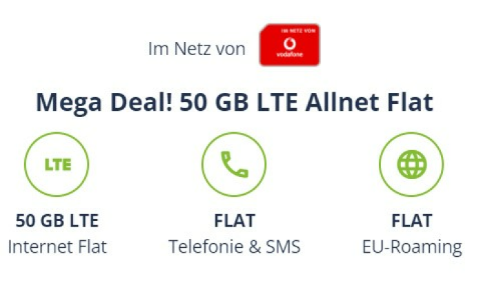 [Nur noch heute bis 15 Uhr] Vodafone Mega Deal! 50 GB LTE Allnet Flat für 14,99€ mtl.