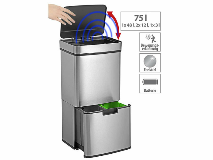 infactory Design-Mülltrenn-System mit Sensor, 4 Behälter, Edelstahl, 75 Liter