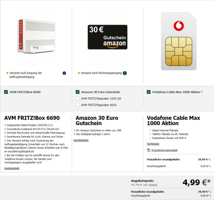 Vodafone Cable Max für 39,99€ mtl. + FRITZ!Box 6690 Cable + 30€ Amazon